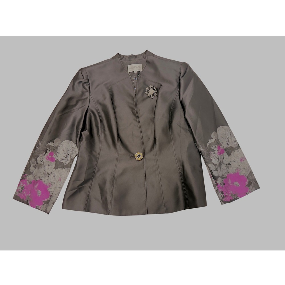 Lily & Taylor Black Satin Floral Sleeve Jeweled Button Blazer Jacket Size‎ 12